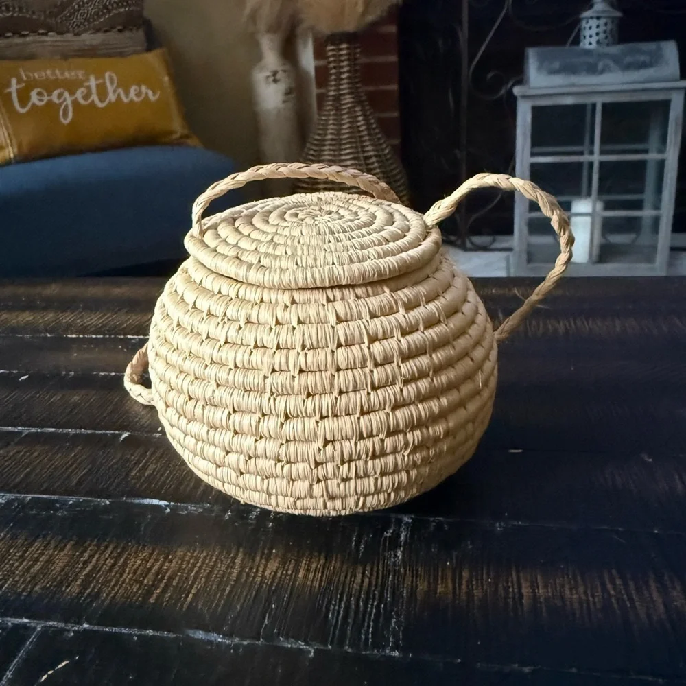 Baskets Round Pair Woven Lid Long Straps & added 3 more! (5 total)